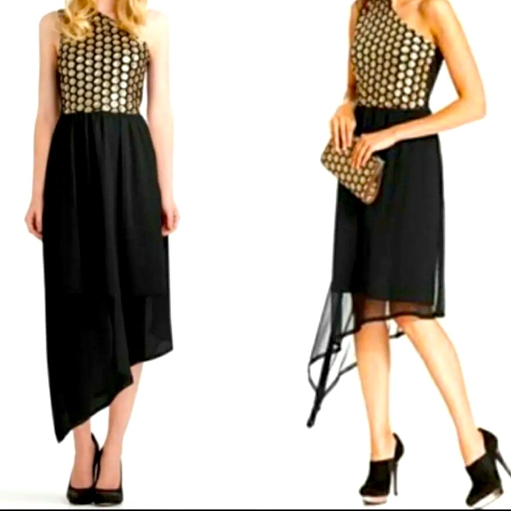 Rachel Roy One Shoulder Asymmetric Dress with Gold Sequins- Size 4